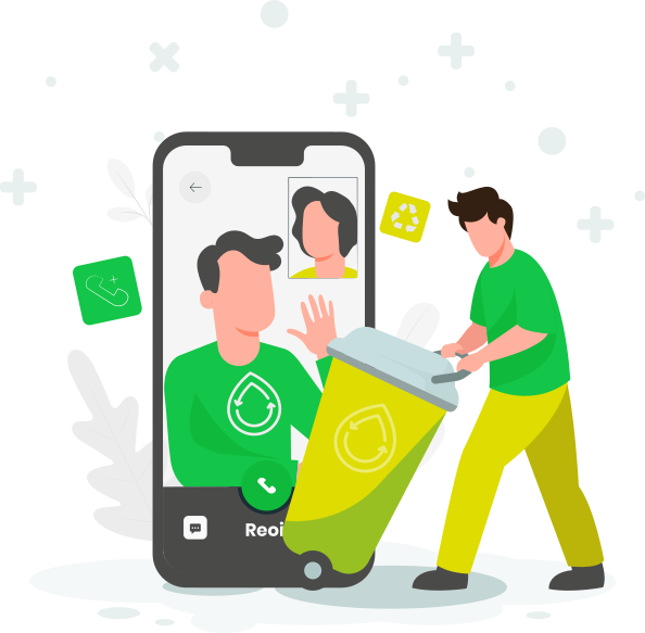 Kik vagyunk egy óriás mobiltelefon előtt húz egy kukát egy személy - grafika